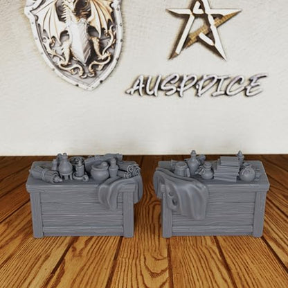 AUSPDICE Alchemy Lab & Scholar Study Cabinets 28mm Unpainted DND Terrain | Miniature Furniture for Dungeon Masters: 2 Cabinets with Books, Scrolls, Potions and an Open Tome for TTRPG Rooms - AS691
