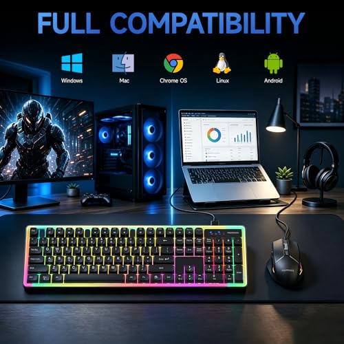Wired RGB Keyboard and Mouse Combo, Rainbow Backlit, 104-Key Full-Size with Numpad, 6400 DPI Ergonomic High-Precision Mouse, USB Plug & Play, for PC Laptop Mac Office Gaming (Black)