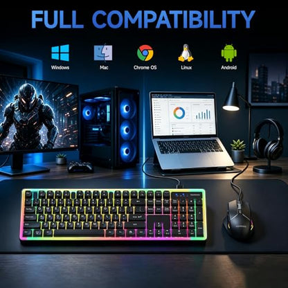 Wired RGB Keyboard and Mouse Combo, Rainbow Backlit, 104-Key Full-Size with Numpad, 6400 DPI Ergonomic High-Precision Mouse, USB Plug & Play, for PC Laptop Mac Office Gaming (Black)
