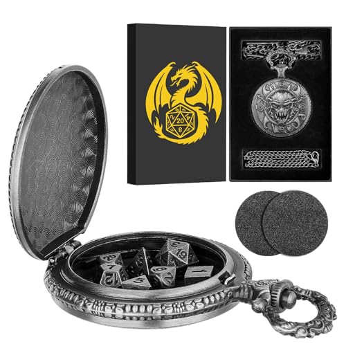 Mini DND Dice Set with Steampunk Warlock Skull Pocket Watch Case, Tiny 7PCS Polyhedral Metal D&D Dice, DND Gifts with Gift Box, Gothic Gifts, Role Playing Game Board Game Accessories Dice, Dark Silver
