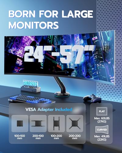 Single Gaming Monitor Arm for 24"-57" Screen, Black | Computer Monitor Stand Holds Up to 60LBS - color: BLACK, style: Non-RGB