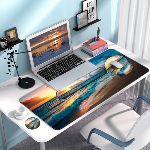 Desk Mat Set Keyboard and Mouse Pad with Wrist Rest Support | Ergonomic,Pain Relief, 4-in-1 Large Big Mousepad Computer Mats,Desk Pad Matt Mats for Desktop Home & Office - color: J-Sunset Sea