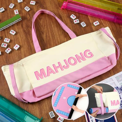 Abbylike 28x9 Inches Mahjong Bag for Rolled Mat Tiles Racks Pushers Accessories Empty Mahjong Tote Bag with Zipper Closure Outer Pockets Lining Large Capacity(Beige&Light Pink,Canvas) - color: Beige&light Pink