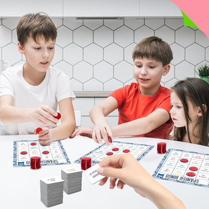 SpriteGru Spanish Bingo Game, 12 Vocabulary Bingo Board Game Bilingual Word Learning Educational Toys for Words Learning - Ages 5 and up (Up to 12 Players) - style: Spanish Bingo Game