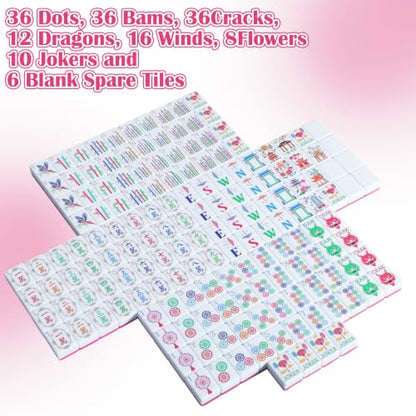 Ceenna American Mahjong Set Complete 160 Pcs Tile/Pushers/Carrying Bag/dice/Chips, 1.2 Inch Rose Pink Back Melamine Mahjong Tiles, Hand Carved Pattern for Adult Mah Jong, Beginners - style: Vitality