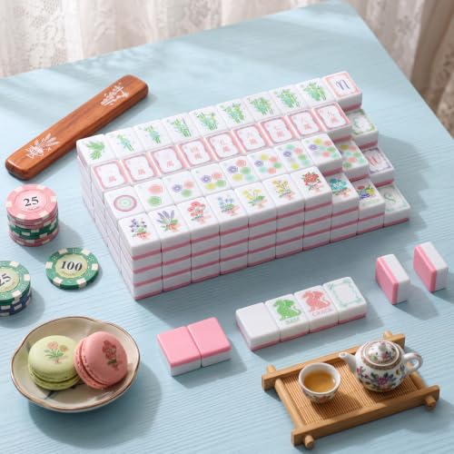 160 Pcs Pastel American Mahjong Tiles Set 1.2'' Melamine Engraved Double Layer Mah Jong Tile for Spring Christmas Beginners Friends Family Gatherings Game Night Party Gifts, Tiles Only - style: Spring