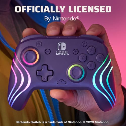 PDP Afterglow Wave Wireless Nintendo Switch Pro Controller with Motion Controls, Fully Licensed for Switch/OLED, Customizable LED Lighting, 30 Foot Range, 20 Hour Rechargeable Battery Power: Purple (Renewed)