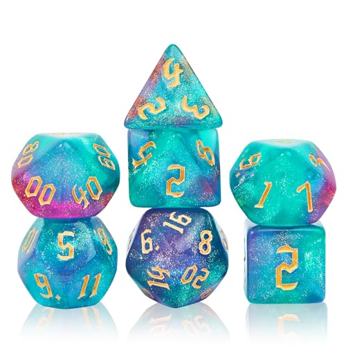 7Pcs Polyhedral Dice Set with Black Storage Bag(Green&Purple+Nebula) | Classic dice set for RPG Polyhedral Dice for Dungeon and Dragons Playing Games 7-Die Set - color: Green&purple+nebula Dice