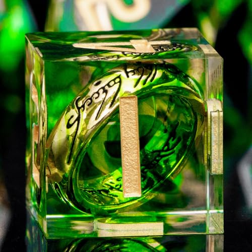 Magic Golden Ring DND Dice with Box, Green Sharp Edge Handmade D and D Polyhedral Dice for use with D&D Tabletop Games RPG, Lord Resin Dice D20 D12 D10 D8 D6 D4 - color: Ring - Green-1