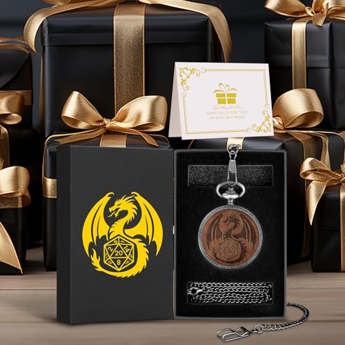 Mini DND Dice Set Wooden Dragon Engraved Pocket Watch Shell Case, 7pcs Polyhedral Metal D&D Dice Set, DND Gifts with Gift Box, Role Playing Board Games Accessories, Silver
