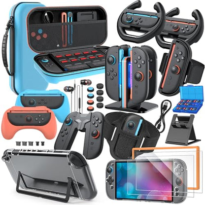 Switch 2 Accessories Bundle, 30-in-1 Kit for Nintendo Switch 2, Blue | Carrying Case, Controller Charger Dock, Grips for JoyCon, Steering Wheels, Wrist &Leg Strap, Switch 2 Console Protective Case - color: Blue (30Pcs)
