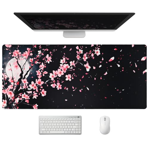 Extended Cherry Blossom Desk Mat, XXL Large Gaming Mouse Pad, Japanese Sakura Moon Stitched Edges Waterproof with Non-Slip Rubber Base for Computer Keyboard Laptop Work Home Office 35.4"x15.7" - color: Cherry Blossom Moon, size: 35.4" x 15.7"