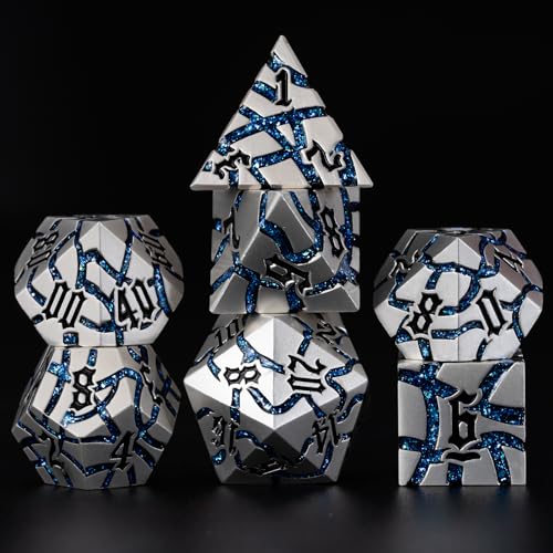 Cracked Rune Metal Dice Set for DND & RPG – Dark Fantasy Fractured Design, Premium Heavy Metal Polyhedral Dice with Deep Engraved Numbers, 7-Piece Set – Blue Arcane Vein - color: Pearl Silver Blue