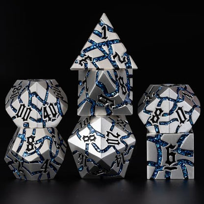 Cracked Rune Metal Dice Set for DND & RPG – Dark Fantasy Fractured Design, Premium Heavy Metal Polyhedral Dice with Deep Engraved Numbers, 7-Piece Set – Blue Arcane Vein - color: Pearl Silver Blue