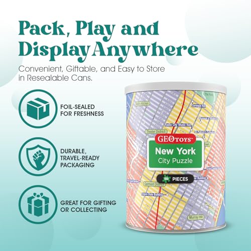 Geotoys New York City Mini City Puzzle - 100 Piece Puzzles for Kids and Adults in Portable Can, 13" x 10" Educational Travel Puzzle for Ages 7 and Up - Mini Puzzles to Learn & Explore Geography - style: New York City