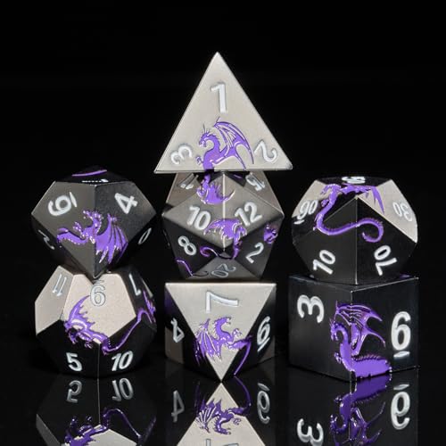 Metal Dice Set,7-Piece Dragon DND Dice for TTRPG,Black Purple | Dragon-Engraved Design,Heavy Zinc Alloy, Easy-to-Read Numbers,Magnetic Gift Box for DND Players,Gamers&Collectors - color: Black With Purple