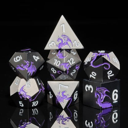Metal Dice Set,7-Piece Dragon DND Dice for TTRPG,Black Purple | Dragon-Engraved Design,Heavy Zinc Alloy, Easy-to-Read Numbers,Magnetic Gift Box for DND Players,Gamers&Collectors - color: Black With Purple