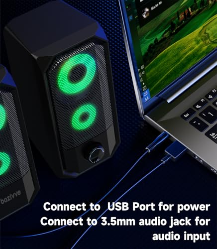 Computer Speakers for Desktop, Hi-Res Stereo Pair with Dual 5W Full-Range Drivers, 6 RGB Light Modes, USB Powered & 3.5mm AUX Input, Volume Knob, Mini Vertical Design for PC Gaming Monitor Laptop