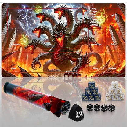 MTG Playmat with Storage Tube & 7-Dice Set - Waterproof TCG Playmat with Stitched Edges, Non-Slip Rubber Card Game Mat (24"x14") (playmat with Zones, Dragon Fire Vortex) - color: Dragon Fire Vortex, style: playmat with zones