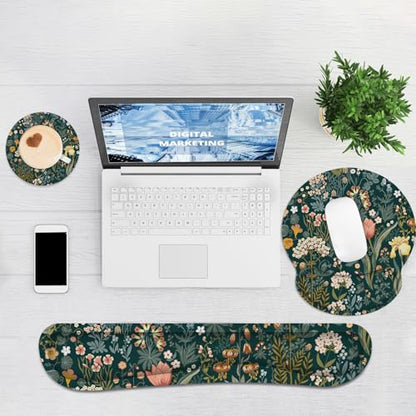 Ergonomic Mouse Pad with Wrist Rest and Keyboard Wrist Rest, Mousepad and Wrist Rest for Computer Keyboard, Pain Relief, Non-Slip Rubber Base, Mouse Pad Wrist Support for Gaming, Green Flowers - color: Green Flowers