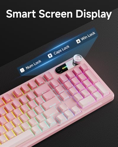 EWEADN V102 Wired Keyboard, 98 Keys Creamy Gaming Keyboard with Number Pad, Display Screen & Media Knob RGB Silent Wired Cute Computer Keyboard for Laptop PC Gamer - Gradient Pink - color: Gradient Pink