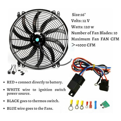 16" Universal Slim Fan 3500FCM Push Pull Electric Radiator 12V Mount Kit | Universal 16" Electric Fan,16" Cooling Fan