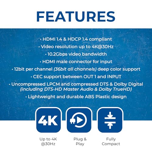 OREI 4K HDMI Splitter 1 in 2 Out - 1X2 HDMI Splitter for Dual Monitors Ultra HD 4K@30Hz with [ 2ft HDMI Cable ], 3D & 1080P Support for Xbox, PS4, Blu-ray, HDT, Will not Extend Display Screen | OREI 4K HDMI Splitter 1 in 2 Out - 1x2 HDMI Splitter for Dual