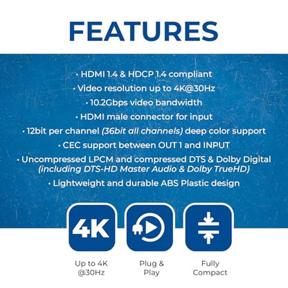 OREI 4K HDMI Splitter 1 in 2 Out - 1X2 HDMI Splitter for Dual Monitors Ultra HD 4K@30Hz with [ 2ft HDMI Cable ], 3D & 1080P Support for Xbox, PS4, Blu-ray, HDT, Will not Extend Display Screen | OREI 4K HDMI Splitter 1 in 2 Out - 1x2 HDMI Splitter for Dual