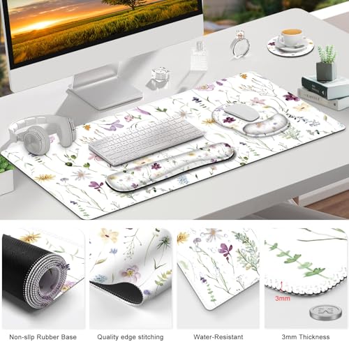 Gaming Mouse Pad, Large Desk Mat Cute Desk Pad Protector, 4in1 XXL Mousepad | + Keyboard Wrist Rest+Mouse Wrist Rest+Coaster Set with Ergonomic Desk Pad for Home Office Computer, Purple Flower Plants - color: Purple Flower Plants