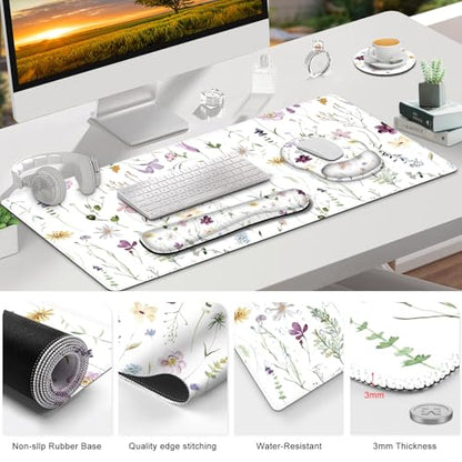 Gaming Mouse Pad, Large Desk Mat Cute Desk Pad Protector, 4in1 XXL Mousepad | + Keyboard Wrist Rest+Mouse Wrist Rest+Coaster Set with Ergonomic Desk Pad for Home Office Computer, Purple Flower Plants - color: Purple Flower Plants