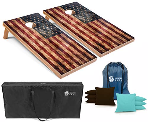 Tailgating Pros Rustic American Flag Cornhole Boards w/Bean Bags - 4'x2' Distressed Flag Cornhole Game w/Multicolored LED Ring, Carrying Case & Corn Hole Bags - color: Brown / Baby Blue