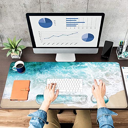 Large Mouse Pad with Wrist Rest, 4-in-1 Wrist Rest for Keyboard and Mouse | Non-Slip Waterproof Desk Mat Set, 35.4"x15.7" Desk Mat+Keyboard Wrist Rest+Mouse Wrist Support+Cup Coaster for Home Office - color: 4Pcs-Beach
