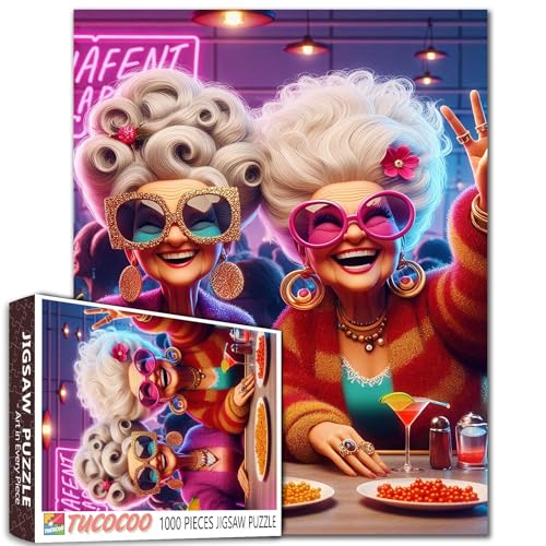 Colorful Party Ladies Jigsaw Puzzle 1000 Pieces for Adults Students Large 20×27 Inches Vintage Fashion Theme Fun Bar Scene Vibrant Characters Drinking Challenging Puzzle for Brain Training Home Decor - color: Puzzle-old Woman-07