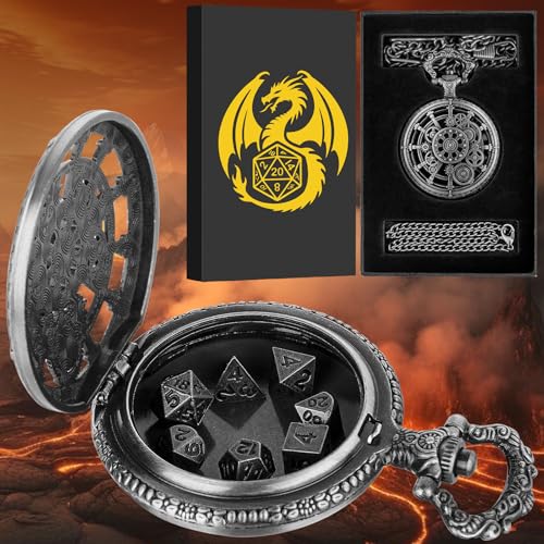 Mini DND Dice Set with Steampunk Dark Silver Hollow Gear Pocket Watch Shell Case, 7pcs Polyhedral Metal D&D Dice, DND Gifts with Gift Box for DND Lovers, Role Playing Board Games Accessories - color: Dark Silver
