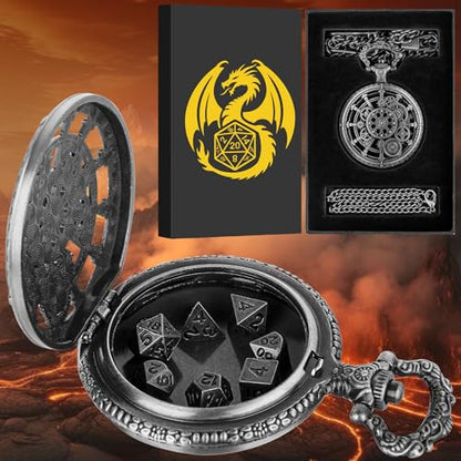 Mini DND Dice Set with Steampunk Dark Silver Hollow Gear Pocket Watch Shell Case, 7pcs Polyhedral Metal D&D Dice, DND Gifts with Gift Box for DND Lovers, Role Playing Board Games Accessories - color: Dark Silver