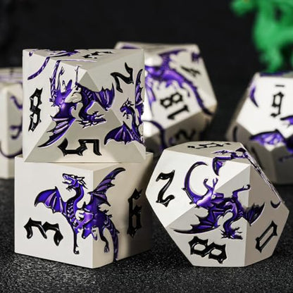 Sharp Edge DND Dragon Dice Set,Metal Polyhedral Dice with Dragon for Dungeons and Dragons RPG TTRPG D&D 7-Die Set with Gift Case Pearl Silver Transparent Purple - color: Dragon-pearl Silver Transparent Purple