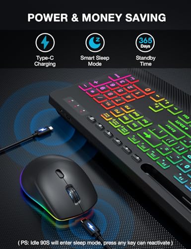 Wireless Keyboard and Mouse Combo, 9 Backlit Effects, Large Print | Phone Holder, 2.4G Lag-Free Ergonomic Keyboards, KM22 MAX Rechargeable Easy to See Set for Computer, Laptop, PC - color: Textured Black