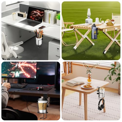 CABTE 2 in 1 Desk Cup Holder with Headphone Hanger Holder | Anti-Spill Clip-On Table Cup Hook with 360° Rotation for Lawn Chair, Office Home Gaming Table (1 PACK) - color: 1 PACK