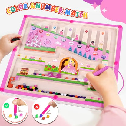 wakeInsa 2 in 1 Magnetic Color and Number Maze,Montessori Toy for Toddler Girls,Wooden Magnet Balls Puzzles,Toddler Busy Board Game,Preschool Learning Activities (Princess & Ice Cream) - style: 2 in 1-Princess & Ice Cream