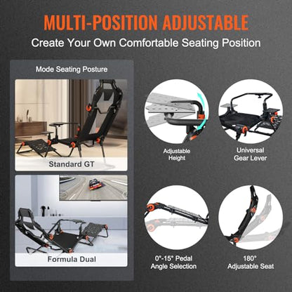 VEVOR Racing Wheel Stand Foldable Fit for Mainstream Brands, Carbon Steel Driving Simulator Cockpit Adjustable Pedal & Dual-Mode Seating,Fit Most Steering Wheels and Pedals