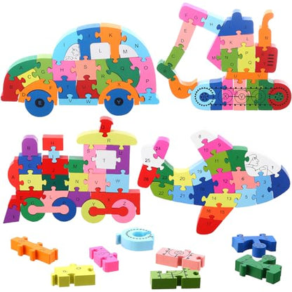 Yunsailing 4 Pcs Wooden Animal Puzzles for Kids, Double Sided Snake Jigsaw with Alphabet & Numbers for Preschool Toddler Learning Educational Activities(Transportation) - style: Transportation