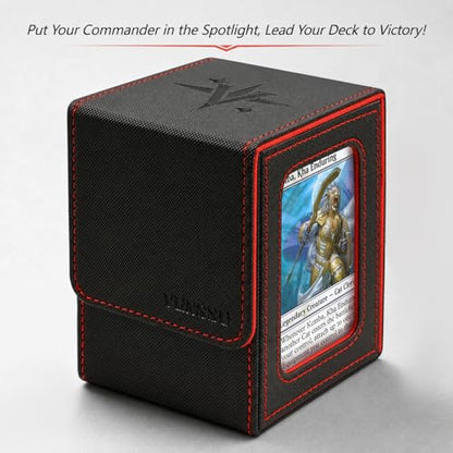 MTG Deck Box for Commander Display,Card Deck Box Fits 100 Double Sleeved Cards, TCG Card Storage Box with 2 Dividers and 1 Toploader (Black＆Red) | Holds 120 Single/100 Double-Sleeved Cards, Fit MTG/PTCG/OPTCG Cards, Strong Magnet, PU Leather, With 2 Divid