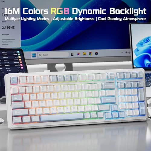 AULA F99 Wireless Silent Mechanical Keyboard, Triple-Mode 2.4GHz/BT5.0/USB-C, Pre-lubed Linear Switches,Hot Swappable Custom Keyboard, Gasket Mounted RGB Backlit, Gaming Keyboards for PC/Laptop/Tablet - color: White Blue Grey