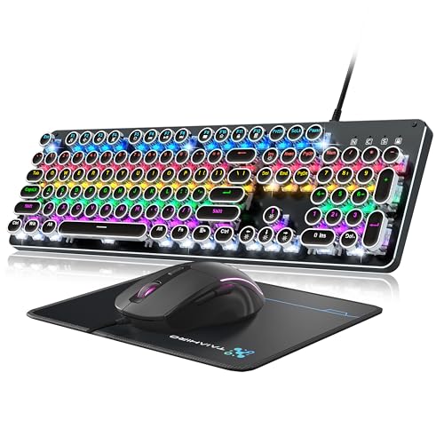 Typewriter Mechanical Gaming Keyboard and Mouse, Metal Panel Retro Keyboards with Round Keycap Blue Switch, Rainbow LED Backlit 104-Key Anti-Ghost Wired Mouse and Pad Combo for PC Laptop Mac Gamer - color: Metallic Black