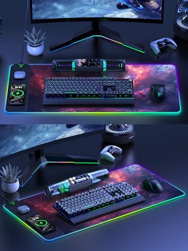 TopMade Wireless Charging Mouse Pad, RGB Gaming Mousepad Home Office Desk Pad, 31.5” x 15.8” Large Desk Mat, Waterproof Keyboard Pad, Red Nebula (Includes 20W PD Power Adapter & 6.56ft Woven Cable) - color: Upgraded Rgb - Red Nebula With Adapter