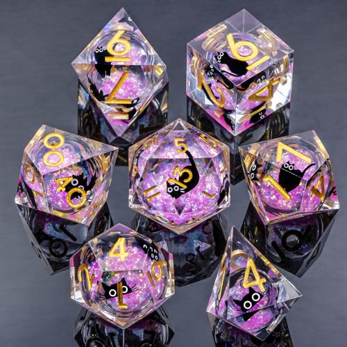 Roycevon Resin DND Dice Set with Gift Box, 7Pcs Liquid Core Cat D&D Dice, Cute Dungeons Dragons D and D Dice, Sharp Edge Role Playing Game Dice D20 D12 D10 D8 D6 D4, Pink - color: Pink