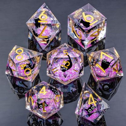 Roycevon Resin DND Dice Set with Gift Box, 7Pcs Liquid Core Cat D&D Dice, Cute Dungeons Dragons D and D Dice, Sharp Edge Role Playing Game Dice D20 D12 D10 D8 D6 D4, Pink - color: Pink