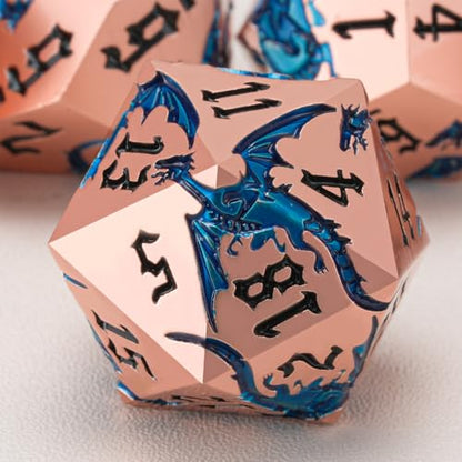 Metallic DND Dragon Dice Set,Metal Sharp Edge Polyhedral Dice with Dragon for Dungeons and Dragons RPG TTRPG D&D 7-Die Set with Gift Case Dragon-Pearl Red Copper Transparent Blue - color: Dragon-pearl Red Copper Transparent Blue