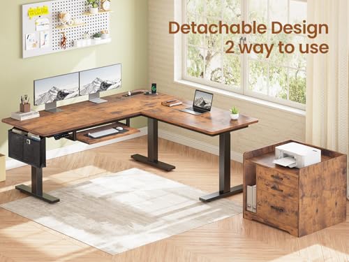 SEDETA L Shaped Standing Desk with File Cabinet, 3 Drawers, Power Outlet | 63 x 53'' Electric Height Adjustable Computer Desk with Led Lights for Home Office, Gaming Room, Rustic Brown - color: Rustic Brown, size: 63 x 53'' L Shaped Standing Desk