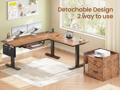 SEDETA L Shaped Standing Desk with File Cabinet, 3 Drawers, Power Outlet | 63 x 53'' Electric Height Adjustable Computer Desk with Led Lights for Home Office, Gaming Room, Rustic Brown - color: Rustic Brown, size: 63 x 53'' L Shaped Standing Desk